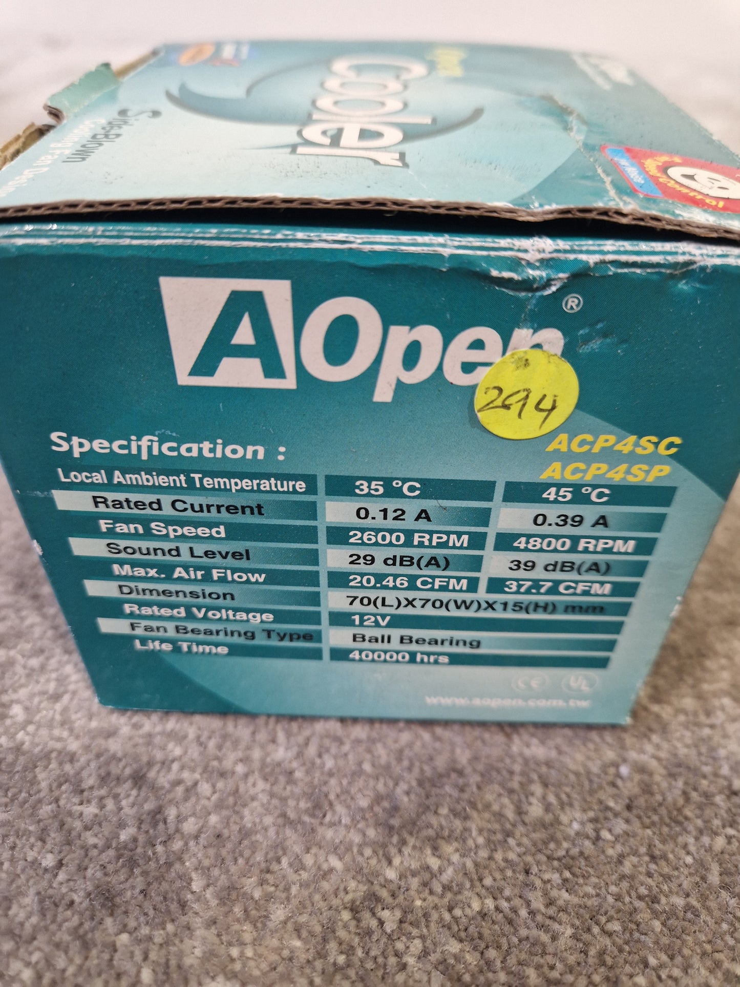 AOpen Side-Blown Pentium 4 Cooler – Socket 478, OEM Fan – New in Opened Box
