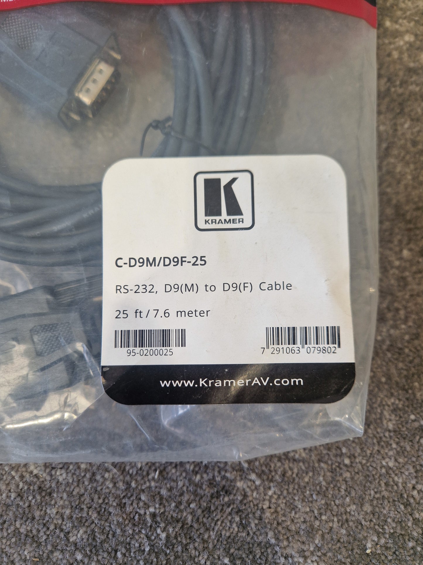 Kramer C-D9M/D9F-25 RS-232 Control Cable – 25ft - New in Original Packaging