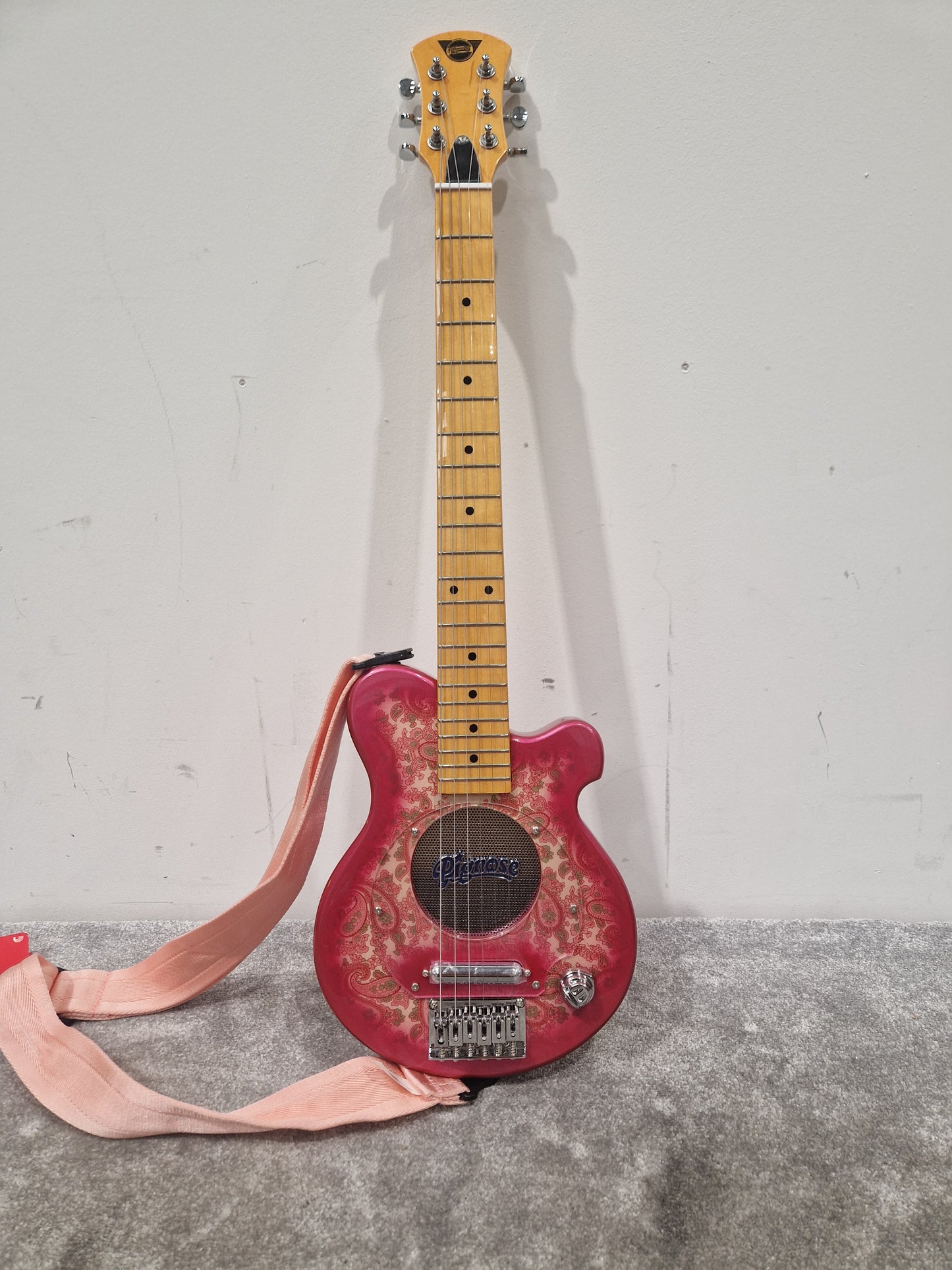 Pignose Electric Travel Guitar - Compact Design, Solid Tone - Excellent w/ Soft Case & Pink Guitar strap