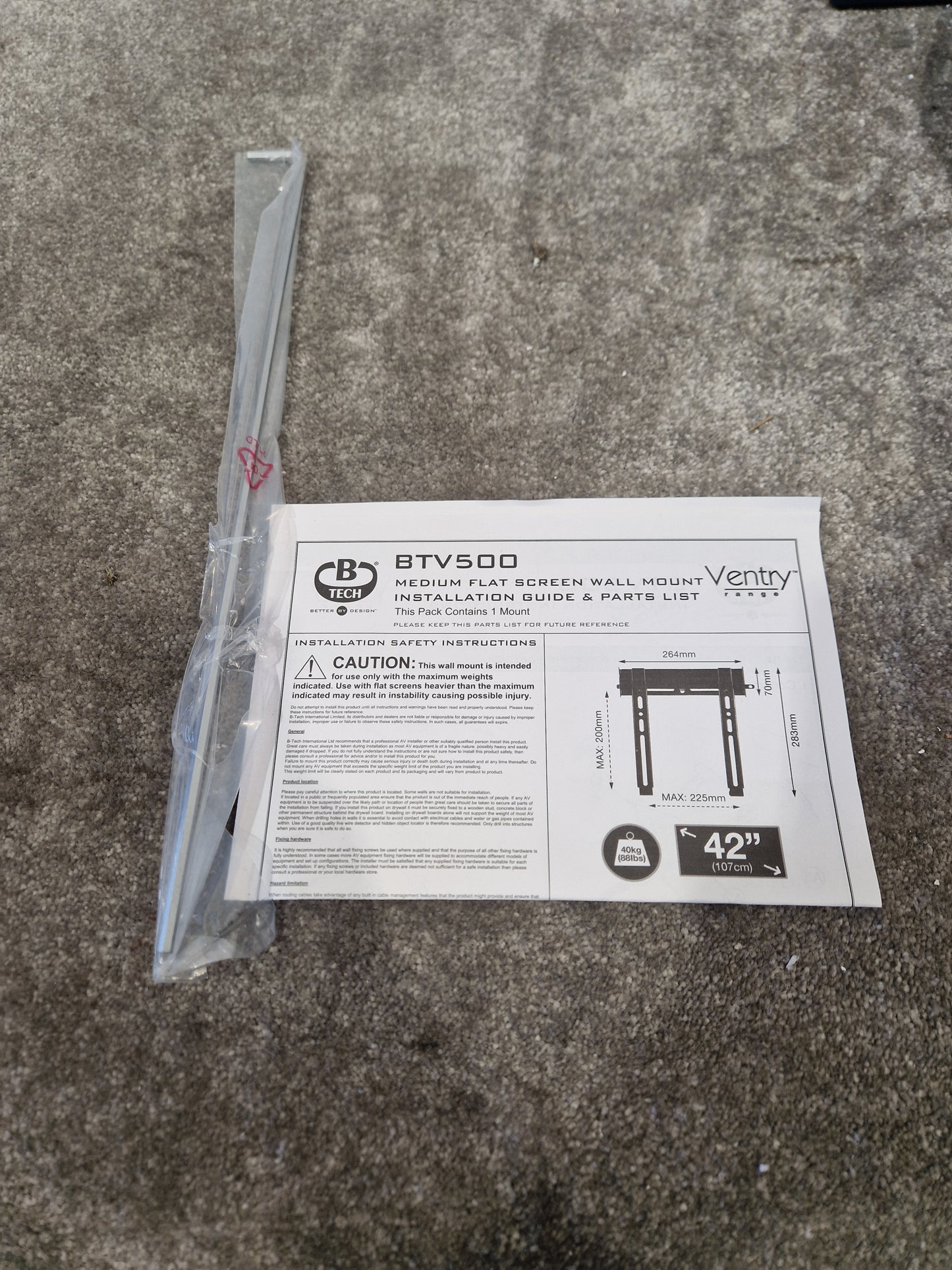 B-tech Flatscreen Wall Mount 42 Inch - Supports up to 40kg, Tilting Mechanism - Open Box New