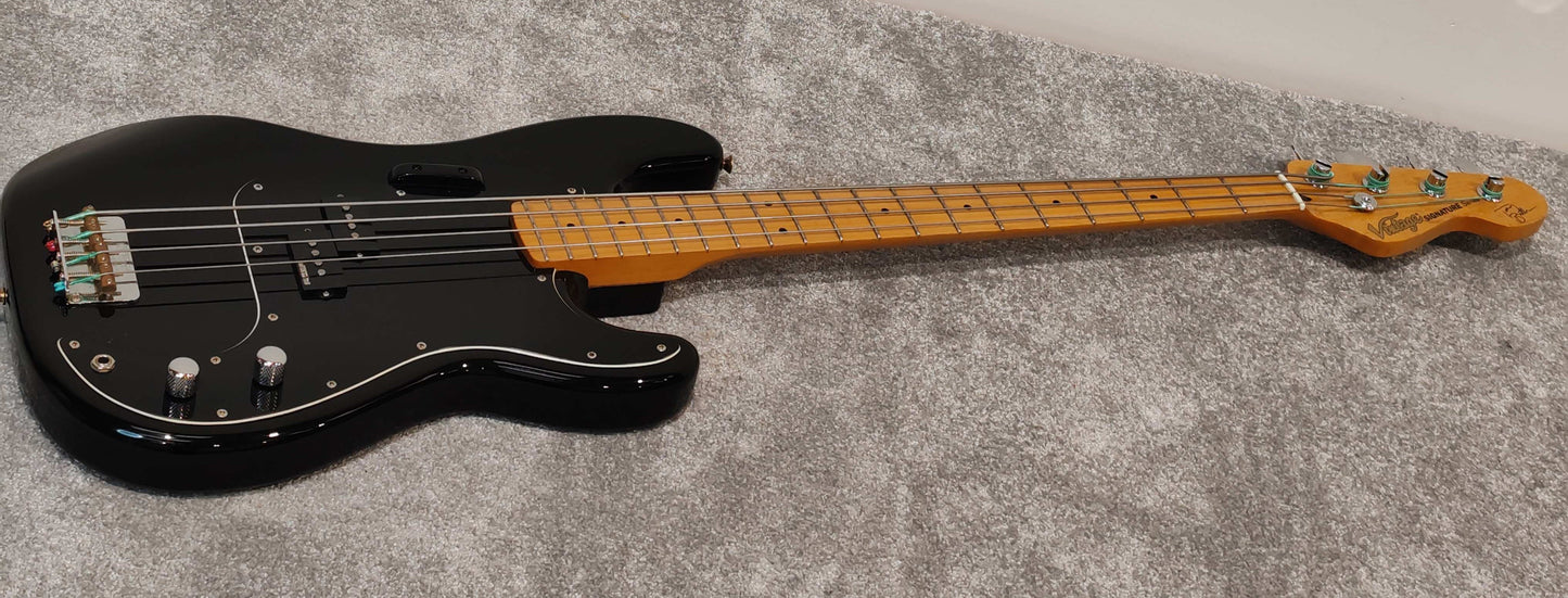 Vintage Tony Butler Signature V4 Bass Guitar, Black With Silverlining Hard Case