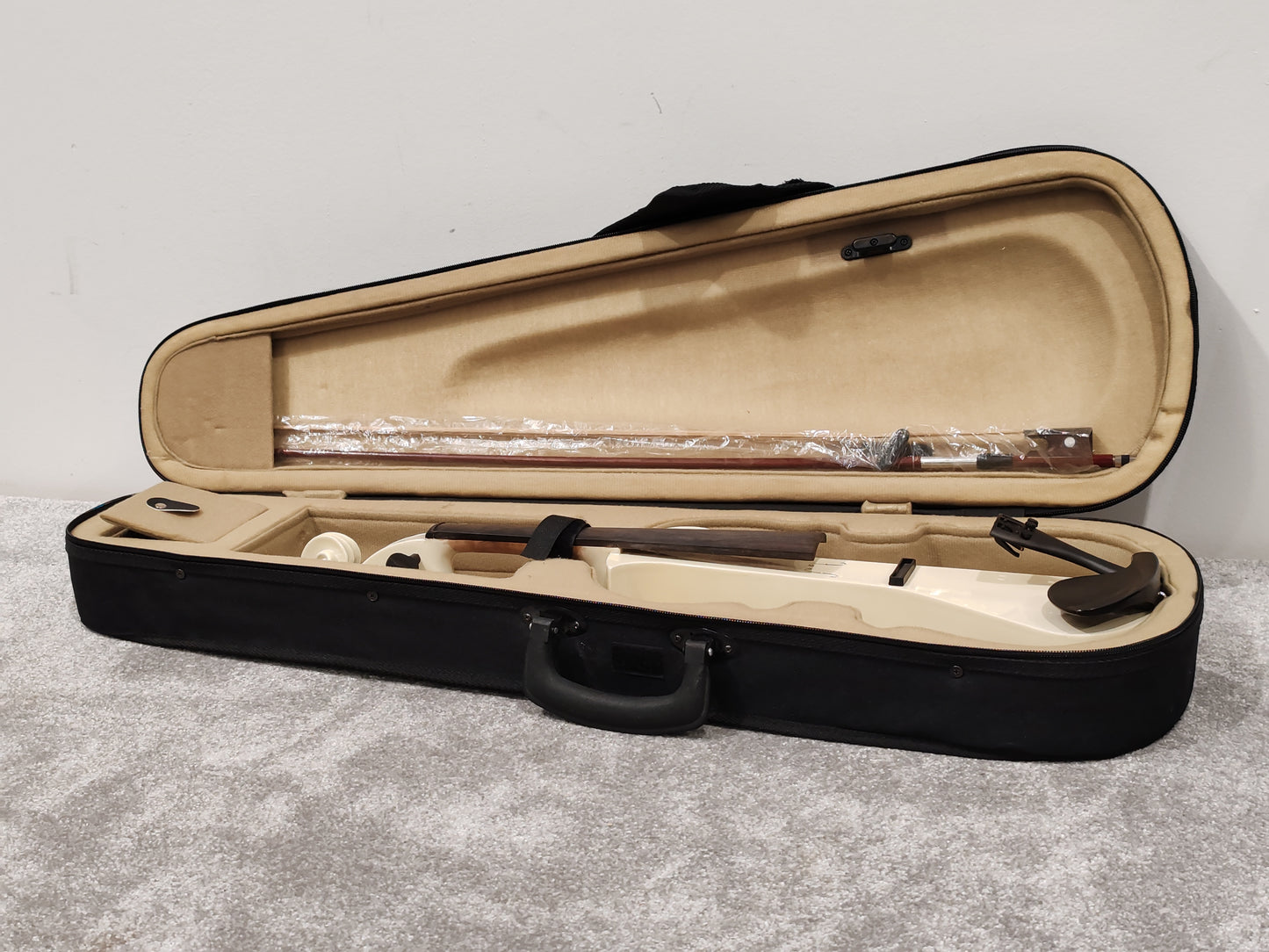 Electric Violin w/ Bow, Extra Bridges, New Strings and Hard Case with Strap - White