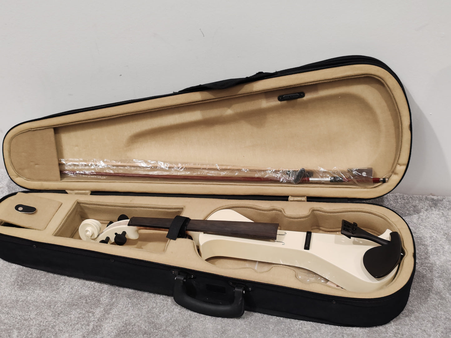Electric Violin w/ Bow, Extra Bridges, New Strings and Hard Case with Strap - White