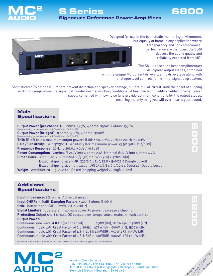 MC2 (MC Squared) S800 S-Series Premium Studio Power Amplifier