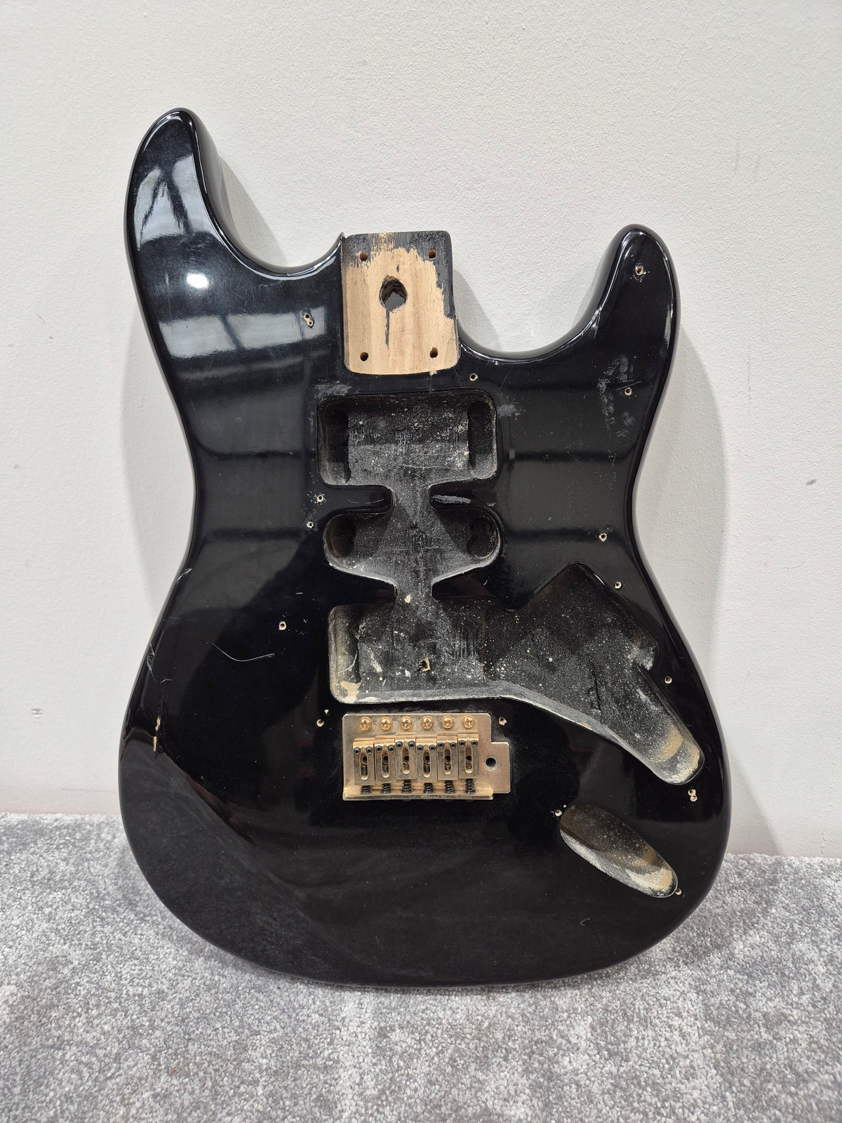 Strat Style Electric Guitar Body with Gold Bridge for Project - Black
