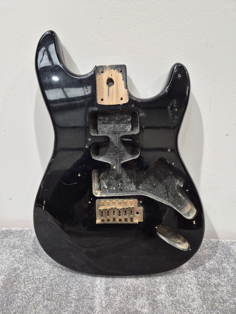 Strat Style Electric Guitar Body with Gold Bridge for Project - Black - Image 1