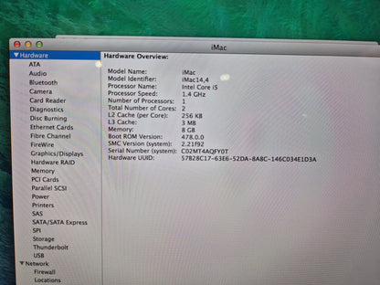 Apple iMac 21-inch i5 Processor with Keyboard and Mouse- C02MT4AQFY0T (Spares or Repairs)