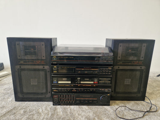 JVC Hi-Fi Amplifier, Double Cassette Deck, Turntable & SP-E1 Stereo Speakers – Vintage - Very Good
