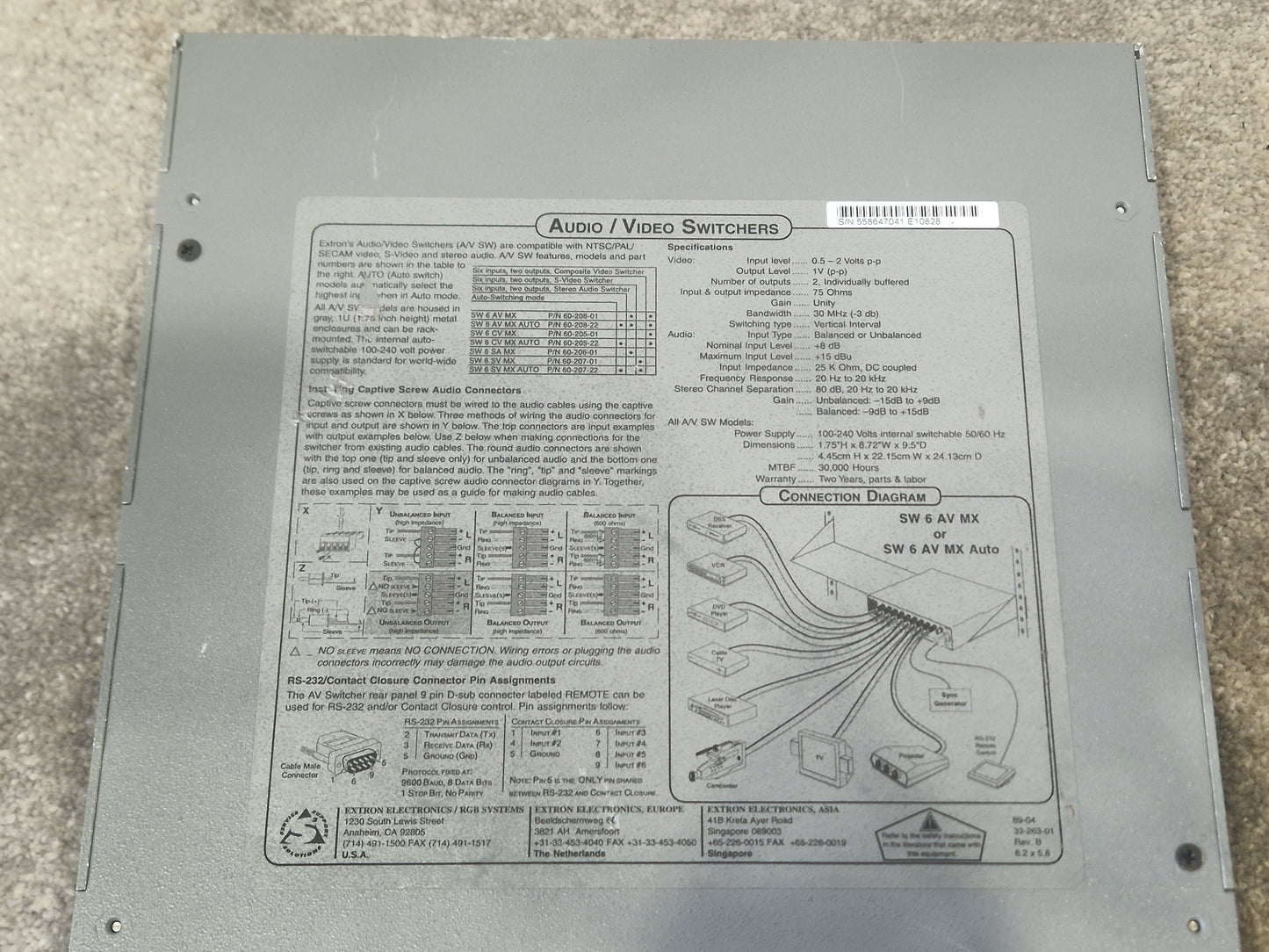 Extron SW6 AV MX Composite Switcher – 6x2 Video/Audio – Good
