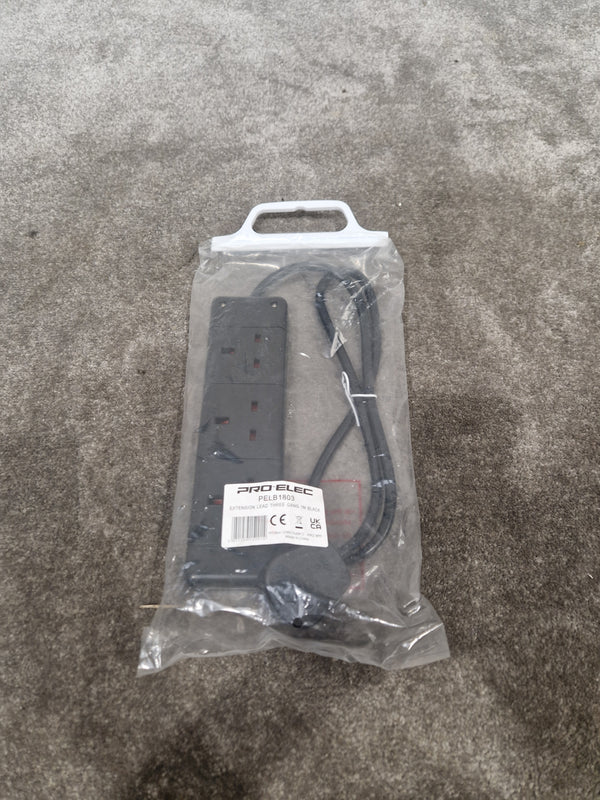 PRO-ELEC Extension Lead Three Gang 1M Black - Durable Power Solution - Excellent w/ Original Packaging
