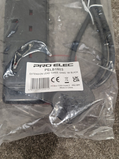 PRO-ELEC Extension Lead Three Gang 1M Black - Durable Power Solution - Excellent w/ Original Packaging