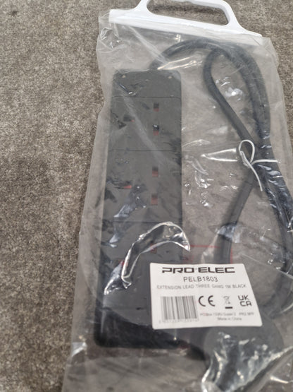 PRO-ELEC Extension Lead Three Gang 1M Black - Durable Power Solution - Excellent w/ Original Packaging