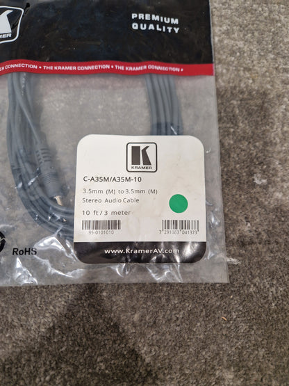 Kramer C-A35M/A35M-10 3.5mm TO 3.5mm Cable - High-Fidelity Audio Transfer - Excellent w/ Original packaging