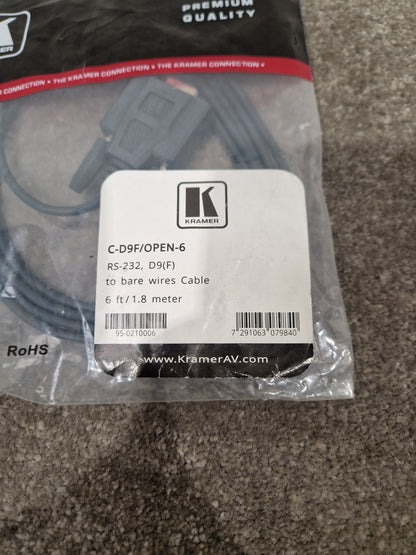 Kramer RS-232 D9(f) TO Bare Wires Cable 6FT - High-Quality Signal Transfer - Excellent w/ Original Packaging