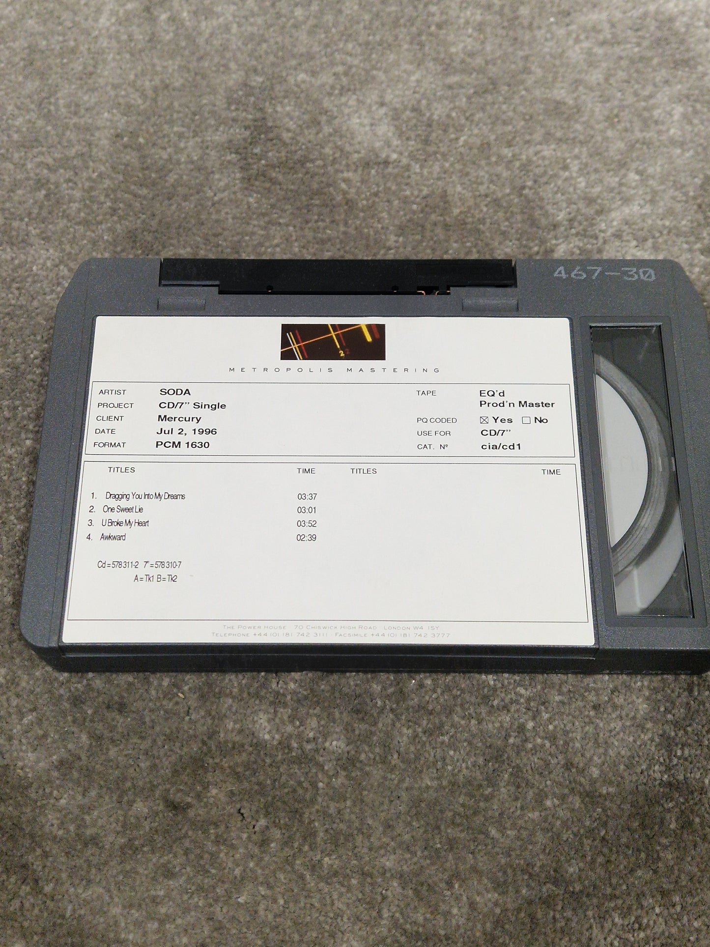 Soda – Britpop Band Collectible Metropolis PCM 1630 Master – Excellent w/ CD/7" Production Label