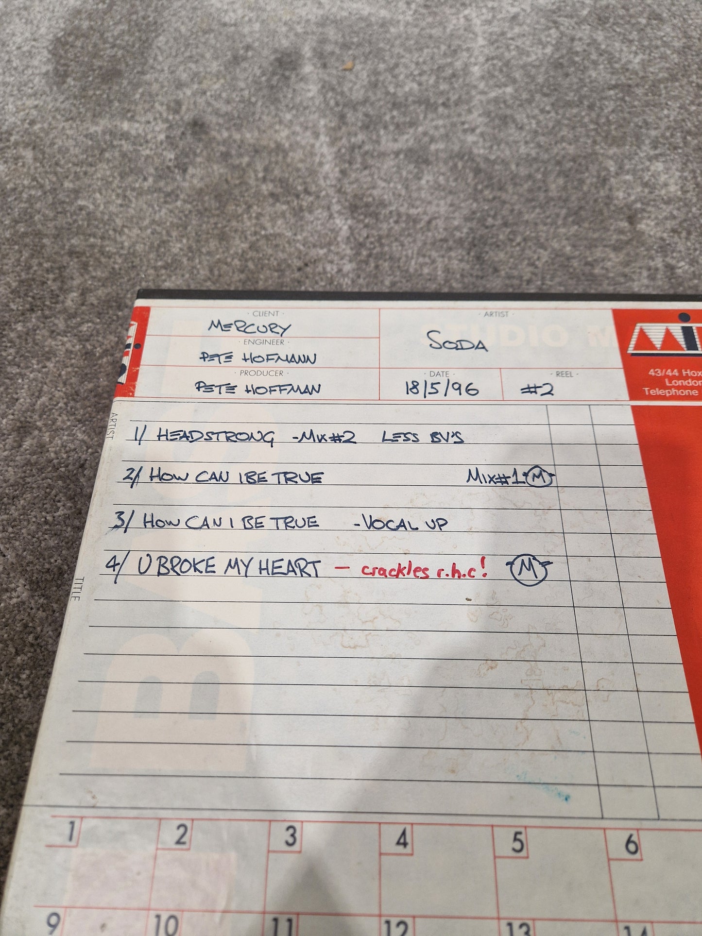 Soda – Britpop Band Collectible Milo Studio Mixes on Reel #2 – Very Good w/ Box & Engineer Notes