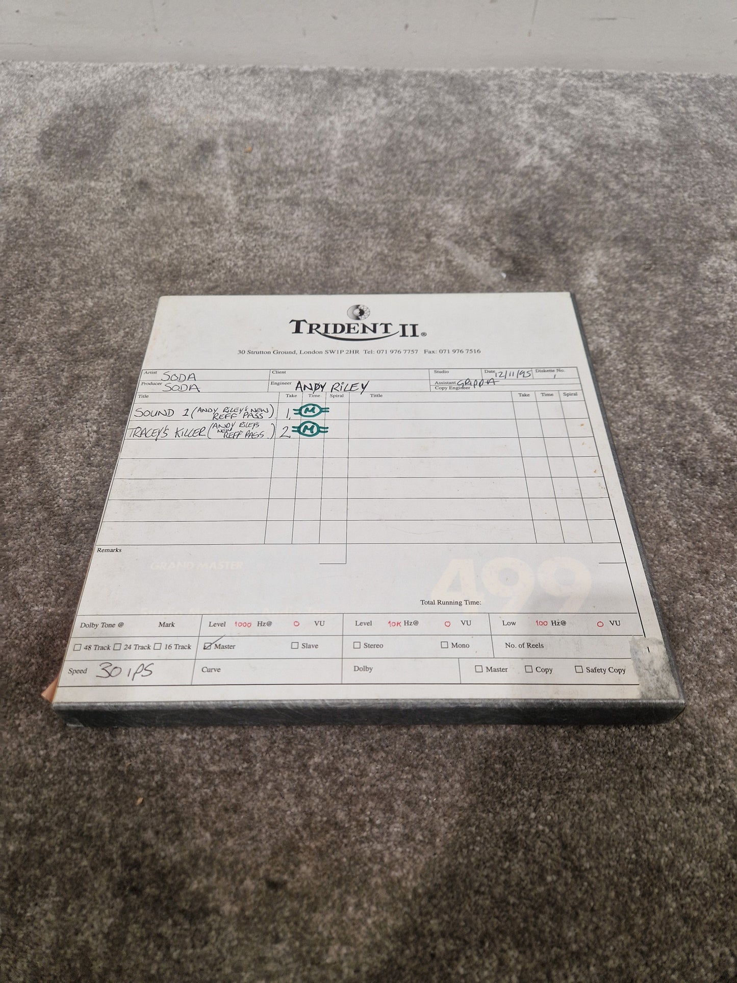 Soda – Britpop Band Collectible Trident II Studio Reel – Very Good w/ Box & Engineer Notes
