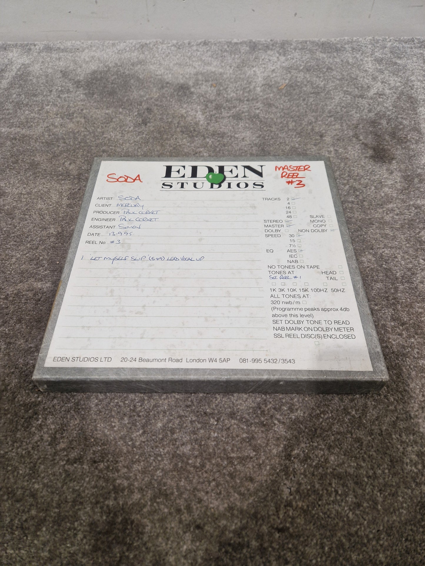 Soda – Britpop Band Collectible Eden Studio Master Reel #3 – Very Good w/ Box & Session Log