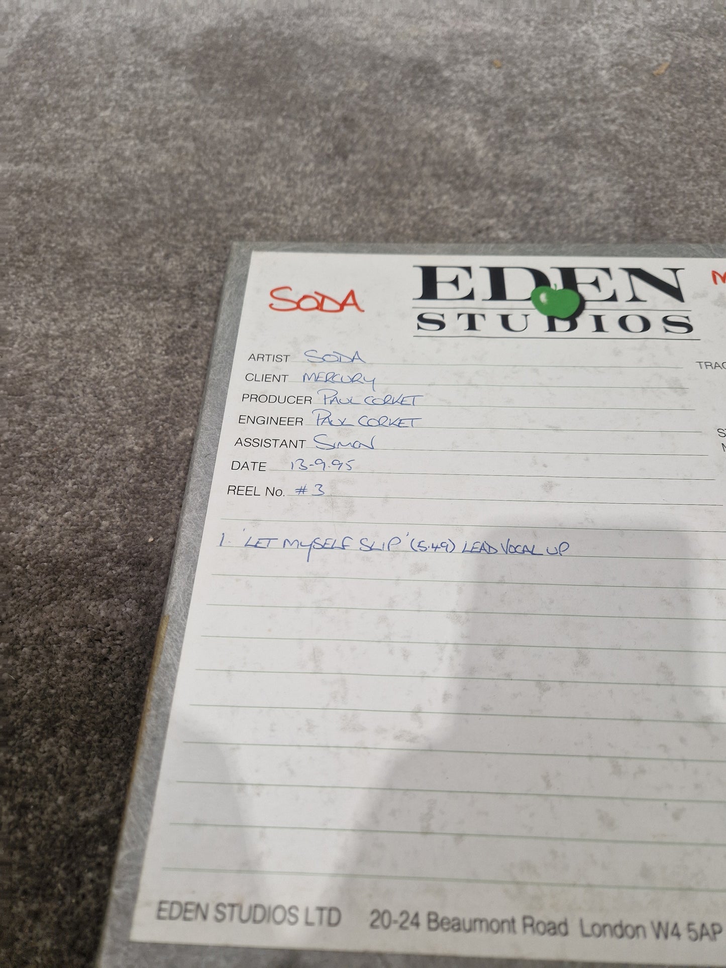 Soda – Britpop Band Collectible Eden Studio Master Reel #3 – Very Good w/ Box & Session Log