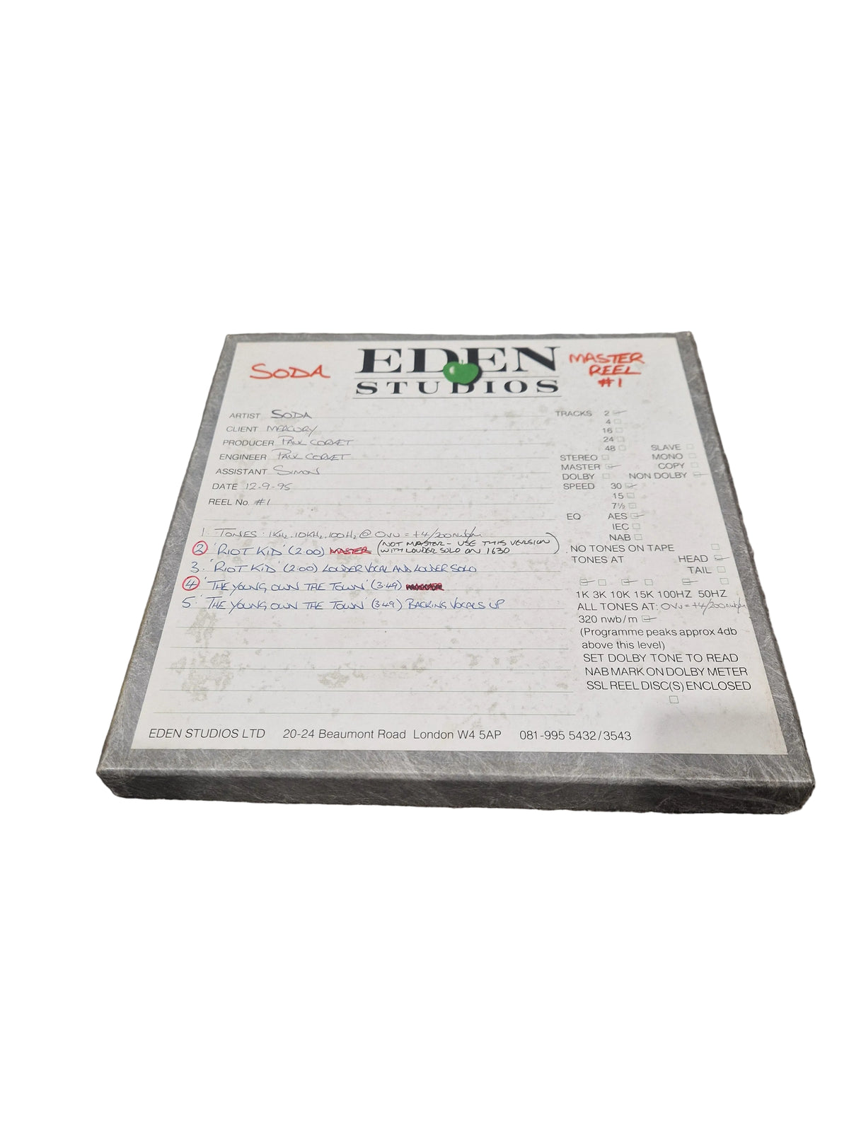 Soda – Britpop Band Collectible Eden Master Reel #1 – Excellent w/ Mix Variants & Studio Notes