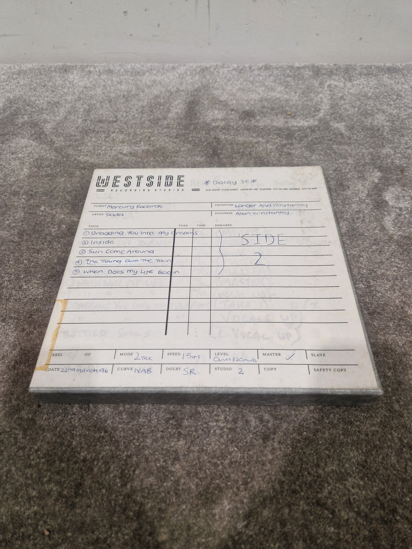 Soda – Britpop Band Collectible “Westside Studio Master Side 2” on Ampex 456 Reel – Very Good w/ Box & Studio Log