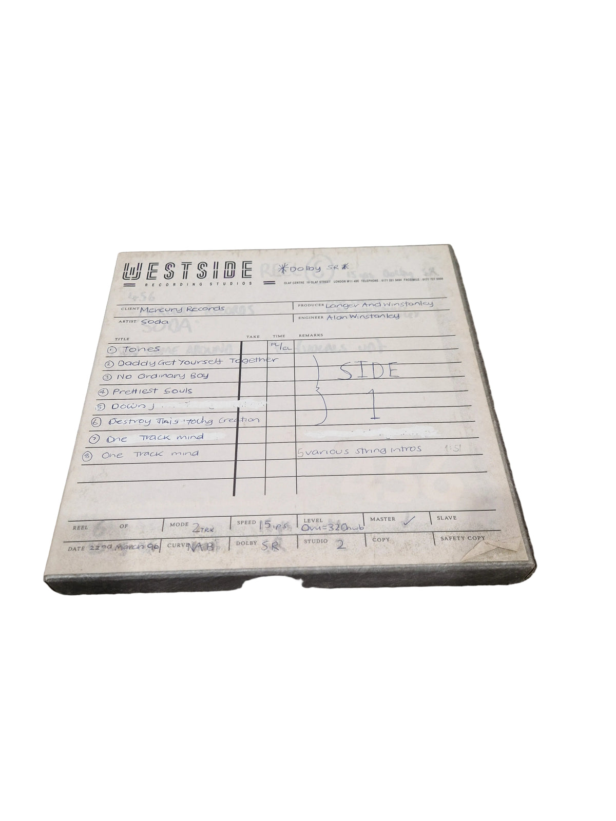 Soda – Britpop Band Collectible “Westside Studio Master Side 1” on Ampex 456 Reel – Very Good w/ Original Log Sheet