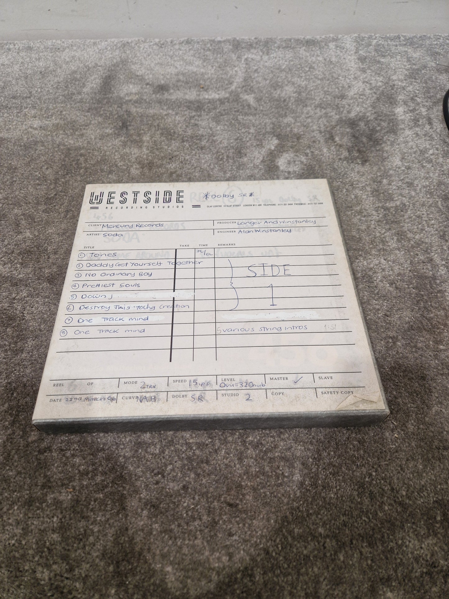Soda – Britpop Band Collectible “Westside Studio Master Side 1” on Ampex 456 Reel – Very Good w/ Original Log Sheet