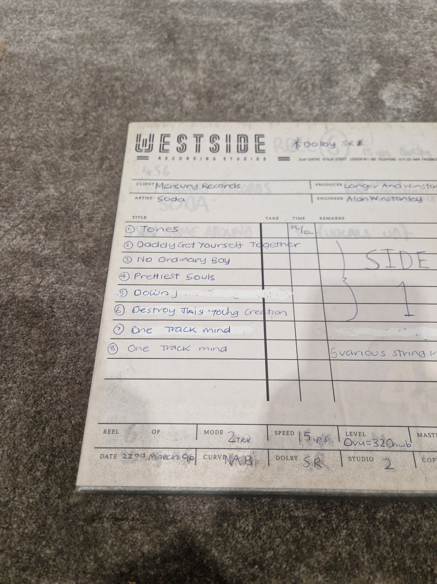 Soda – Britpop Band Collectible “Westside Studio Master Side 1” on Ampex 456 Reel – Very Good w/ Original Log Sheet