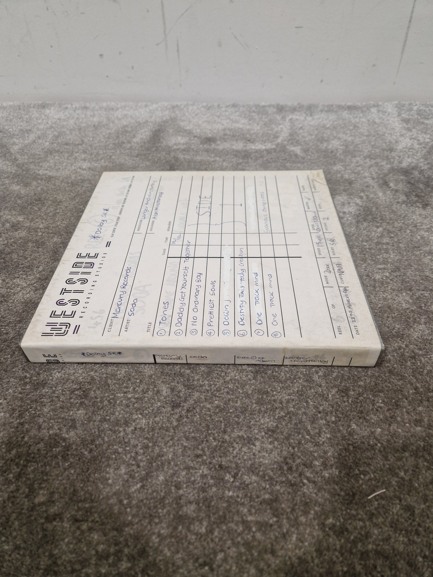 Soda – Britpop Band Collectible “Westside Studio Master Side 1” on Ampex 456 Reel – Very Good w/ Original Log Sheet