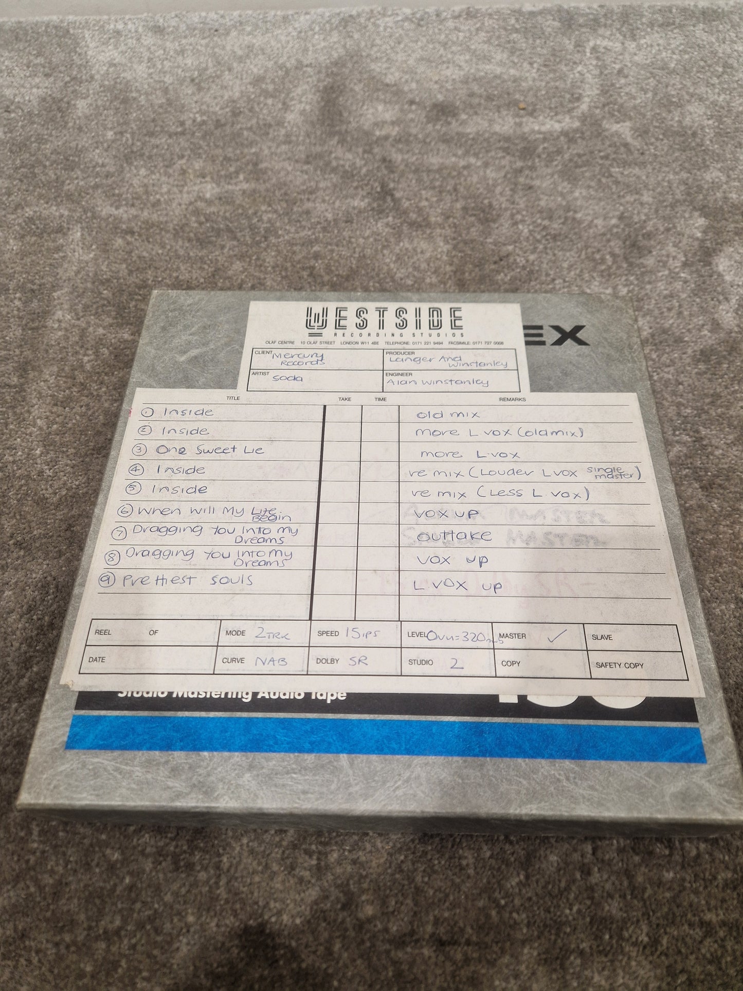Soda – Britpop Band Collectible Westside Mastering Tape – Excellent w/ Vocal Mix Variants & Outtakes
