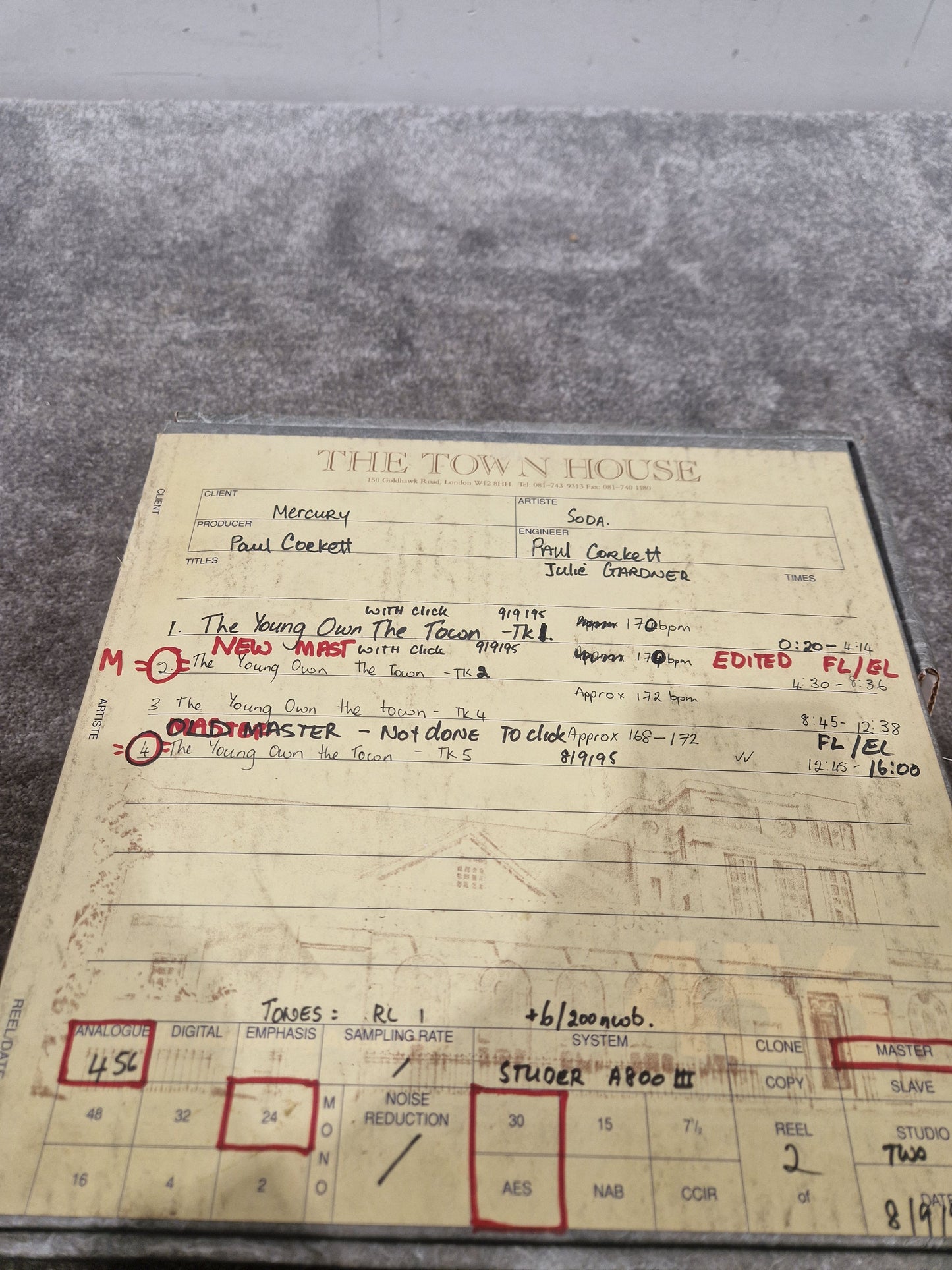 Soda – Britpop Band Collectible Town House Master Reel – Excellent w/ Multi-Take Breakdown of “The Young Own The Town”