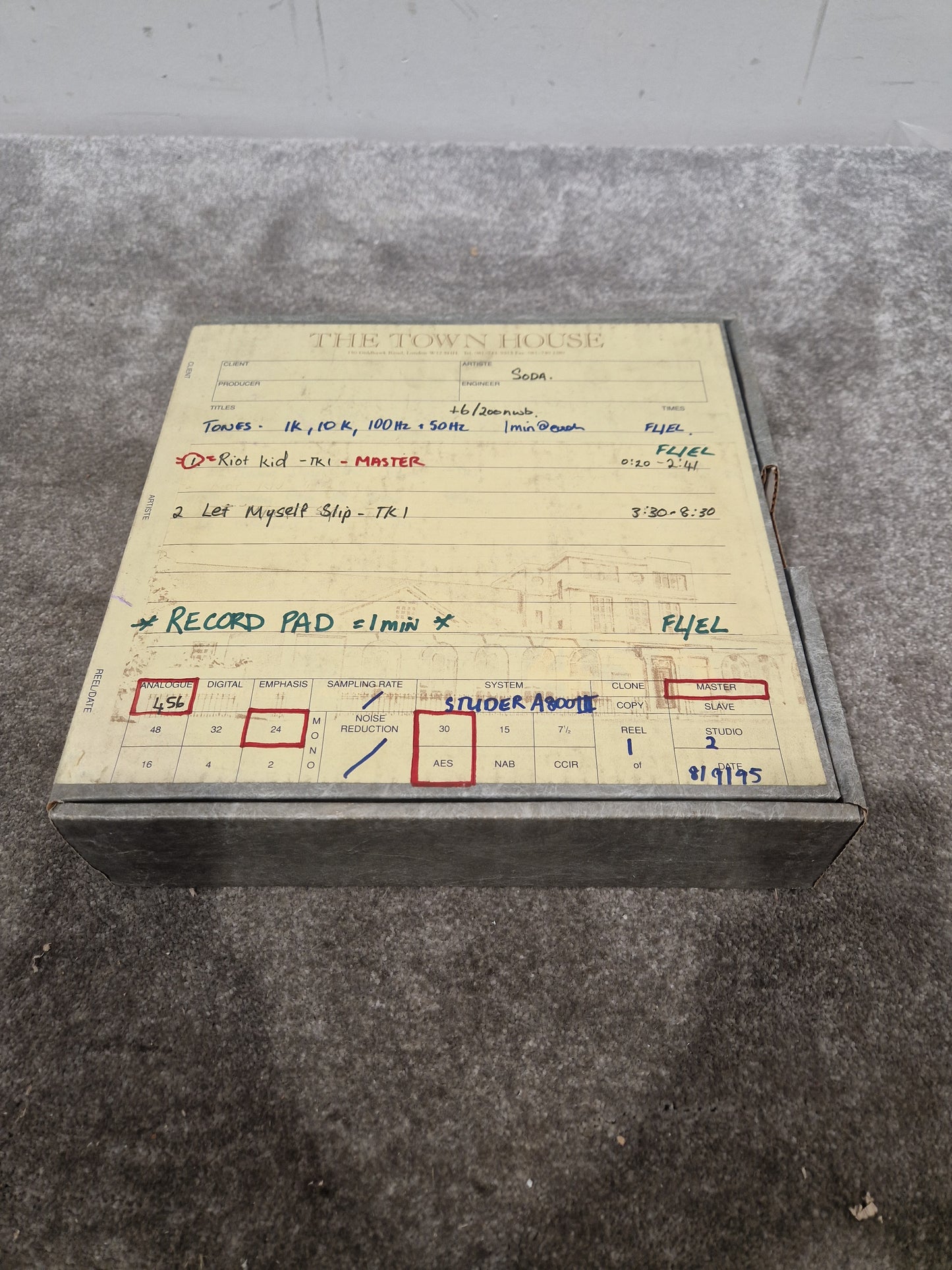 Soda – Britpop Band Collectible Town House Master Reel – Excellent w/ Studio Track Sheet & Tone Reference