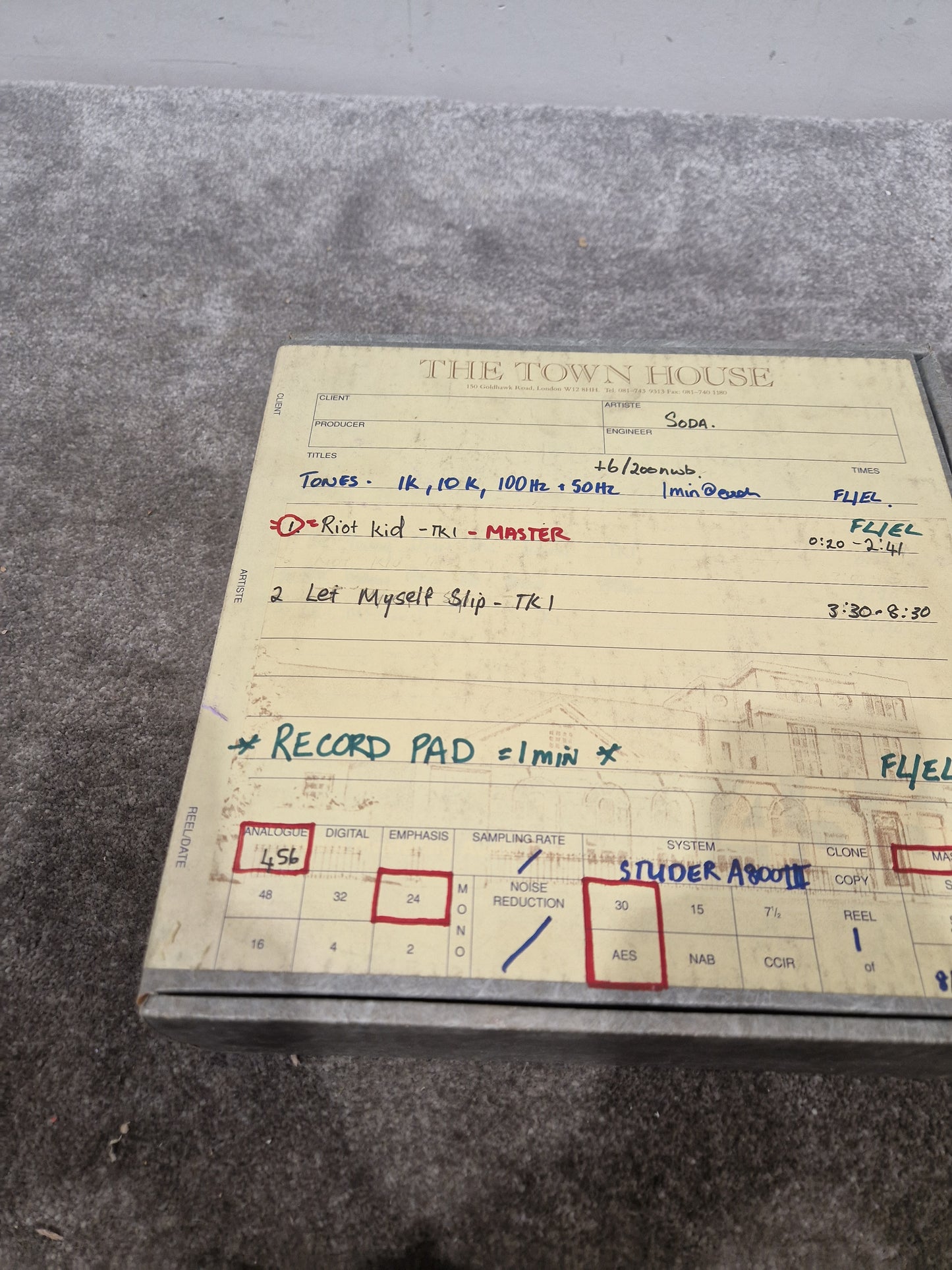 Soda – Britpop Band Collectible Town House Master Reel – Excellent w/ Studio Track Sheet & Tone Reference