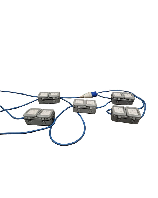 Blue CEE Industrial Plug to 5× Dual UK Socket Distribution Lead - Rugged Industrial Design - Good