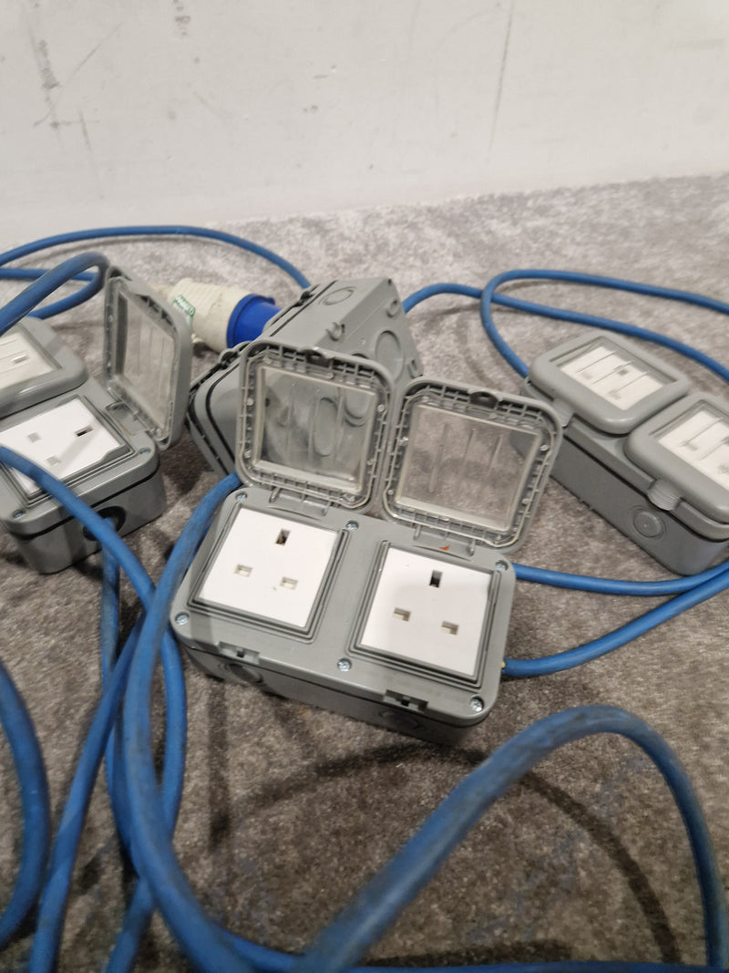 Blue CEE Industrial Plug to 5× Dual UK Socket Distribution Lead - Rugged Industrial Design - Good - Image 3