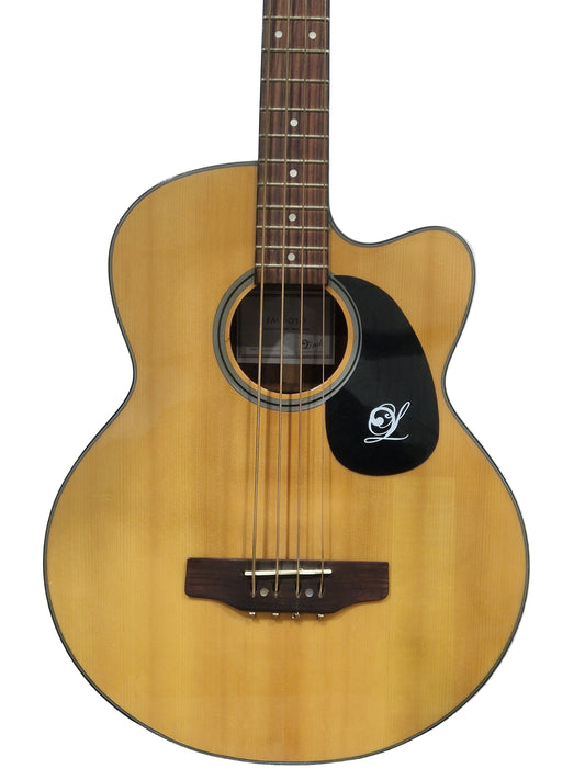 Acoustic guitar with a visible brand logo on a light background