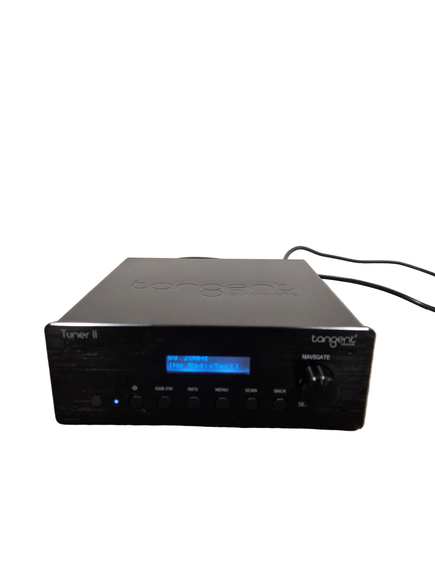 Black electronic device with blue display on a concrete floor