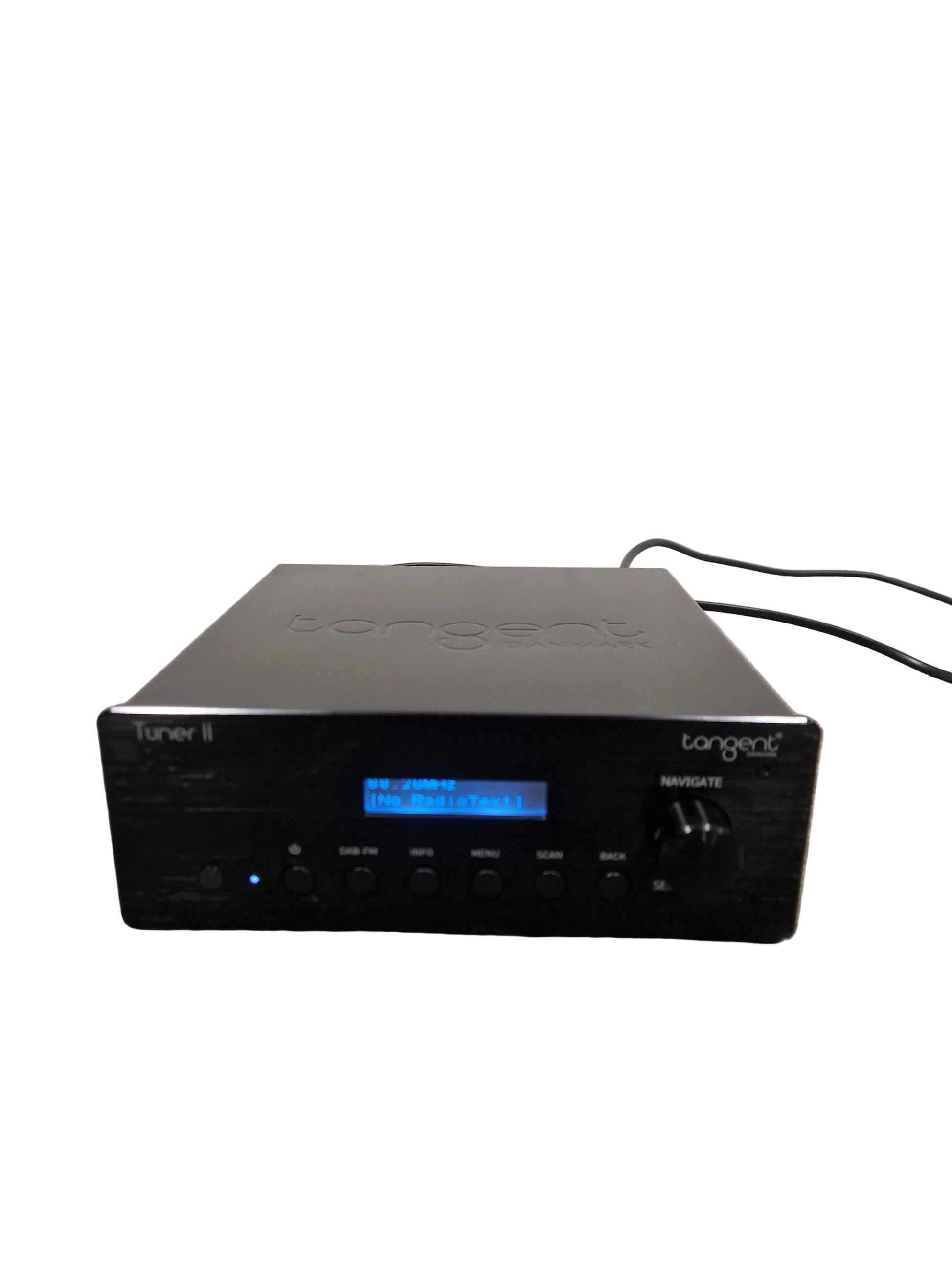 Black electronic device with blue display on a concrete floor