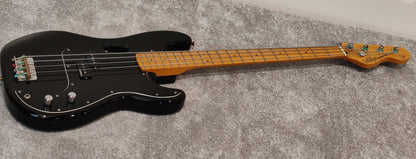 Vintage Tony Butler Signature V4 Bass Guitar, Black With Silverlining Hard Case