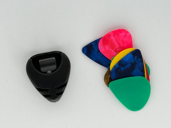 Guitar Pick / Plectrum Holder & 10 Assorted Plectrums for Guitar / Ukulele / Bass