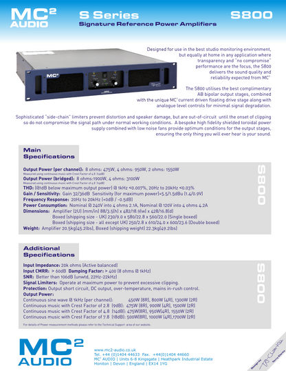 MC2 (MC Squared) S800 S-Series Premium Studio Power Amplifier