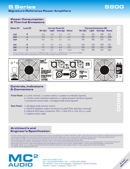 MC2 (MC Squared) S800 S-Series Premium Studio Power Amplifier